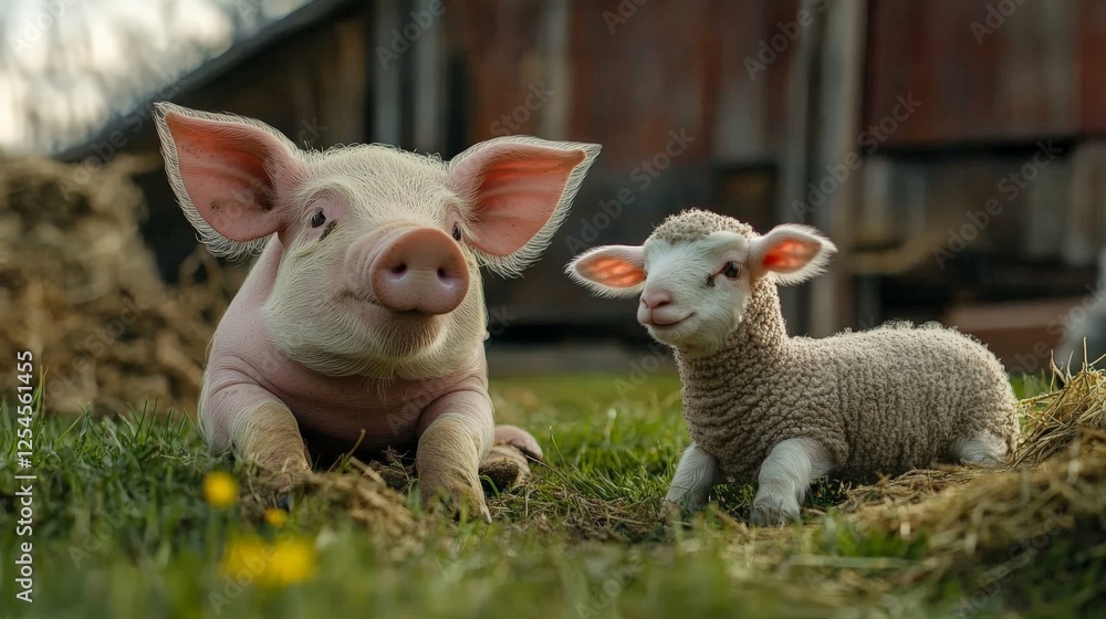A piglet and a lamb playing together in a farmyard A piglet and a lamb playing together in a farmyard