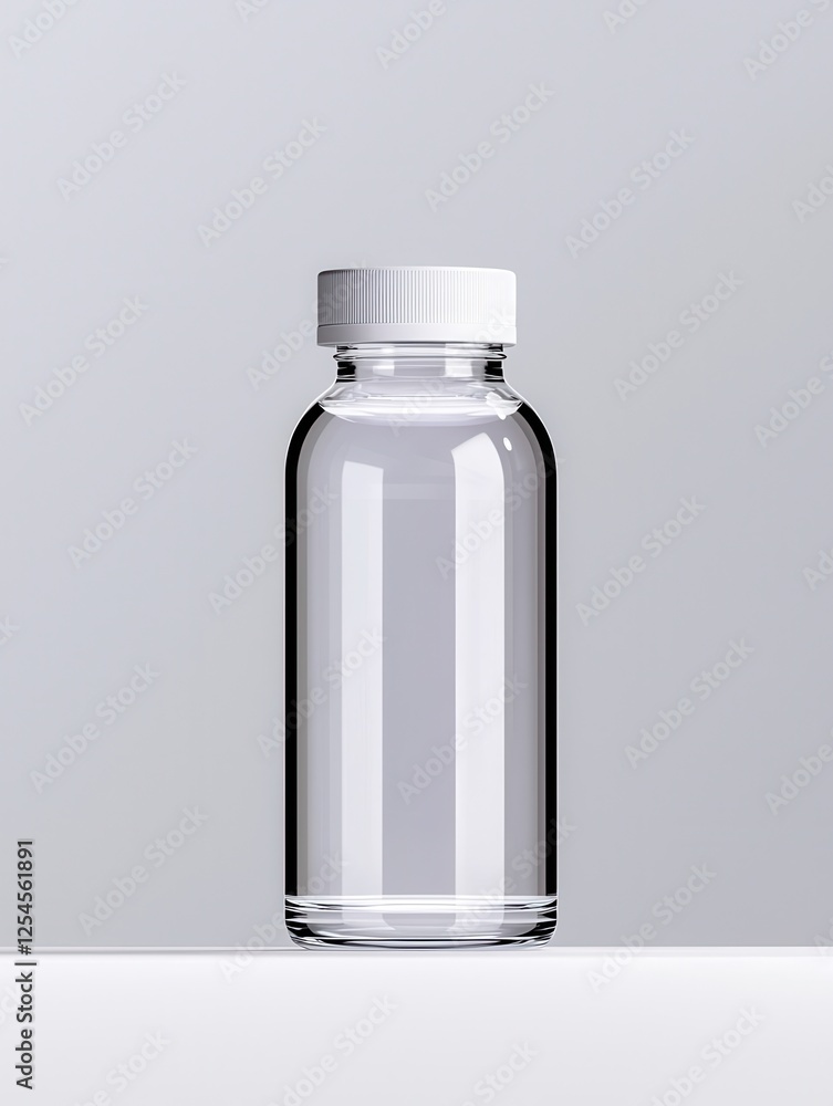 A clear glass bottle with a white cap, showcasing a minimalist design perfect for product presentation. A clear glass bottle with a white cap, showcasing a minimalist design perfect for product presentation.
