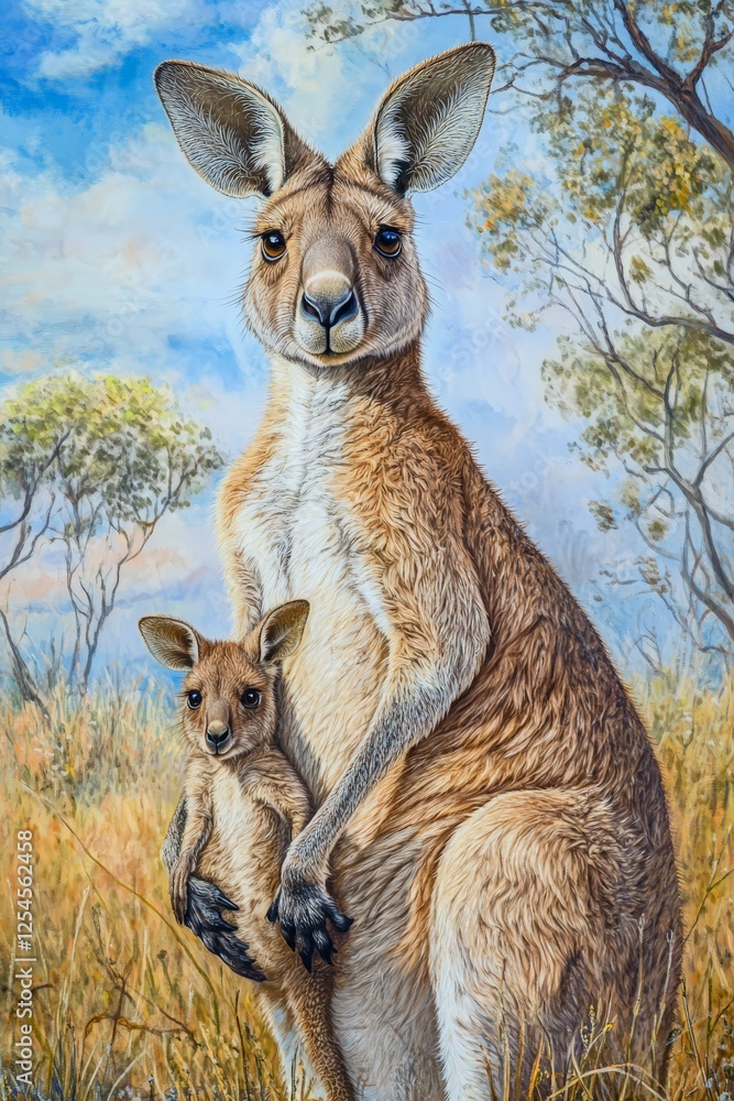 Fototapeta premium A portrait of a kangaroo with a joey in its pouch,