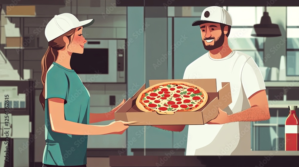 A delivery driver hands over a pizza within 15 minutes, and a happy customer unpacks the order digital A delivery driver hands over a pizza within 15 minutes, and a happy customer unpacks the order digital