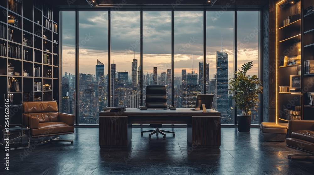 Fototapeta premium Modern Office Interior with City View at Sunset in Urban Setting