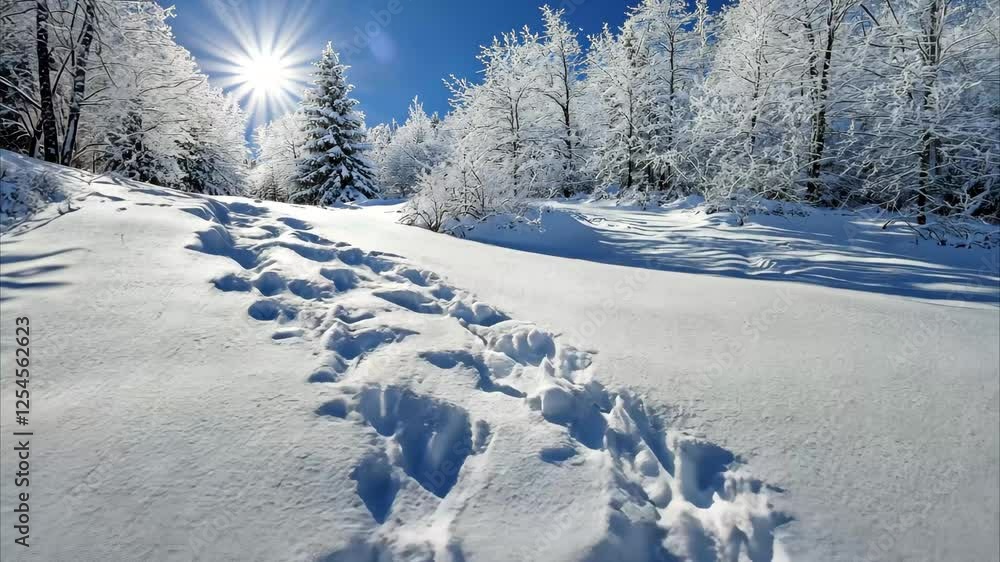 Tranquil snowy landscape with footprints leading to a forest of snow-covered trees. Tranquil snowy landscape with footprints leading to a forest of snow-covered trees.