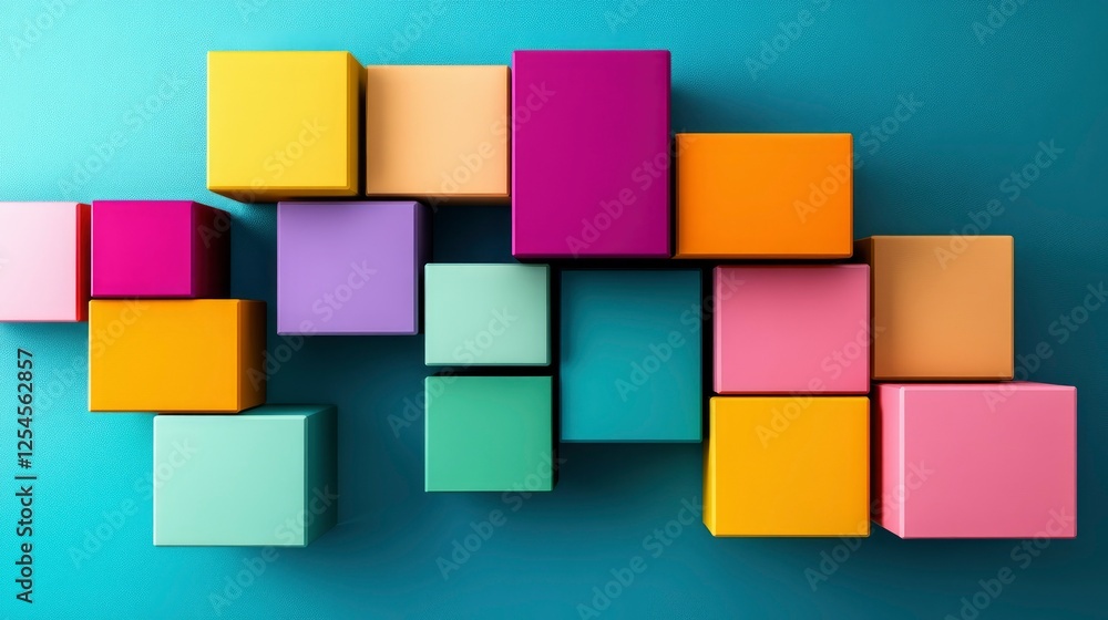 Abstract Colorful Cubes Composition on Blue Background - Modern Geometric Design Abstract Colorful Cubes Composition on Blue Background - Modern Geometric Design