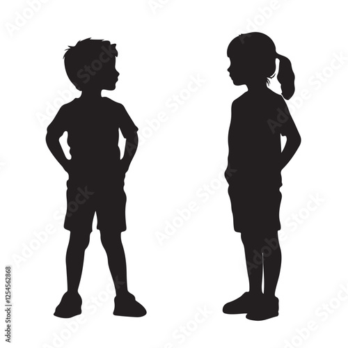 Silhouette of a Boy and Girl Standing Face to Face - Vector Illustration