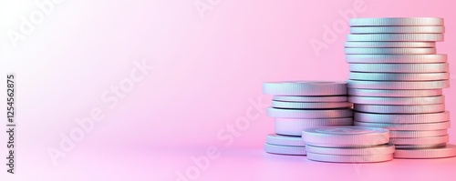 A stack of shiny coins against a soft pink background, symbolizing wealth and financial growth.