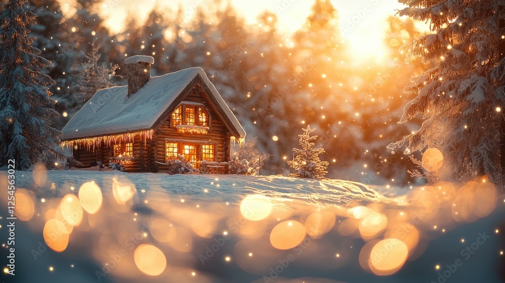 Fototapeta premium Winter Wonderland Cabin in Snowy Forest