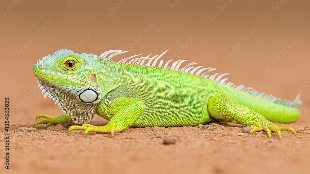 Fototapeta premium Vibrant green iguana crawling on sandy terrain with blurred background showcasing nature