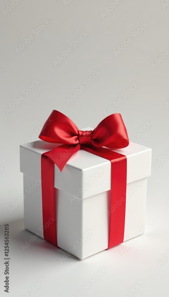 A small white gift box adorned with a bright red bow, white, decoration A small white gift box adorned with a bright red bow, white, decoration