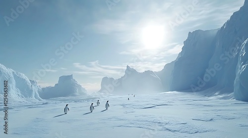 Antarctic Landscape with Penguins Walking on Snowy Ice
