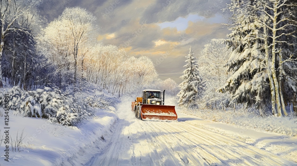 Winter storm scene with a snow plow clearing a rural road surrounded by snow-covered trees digital Winter storm scene with a snow plow clearing a rural road surrounded by snow-covered trees digital