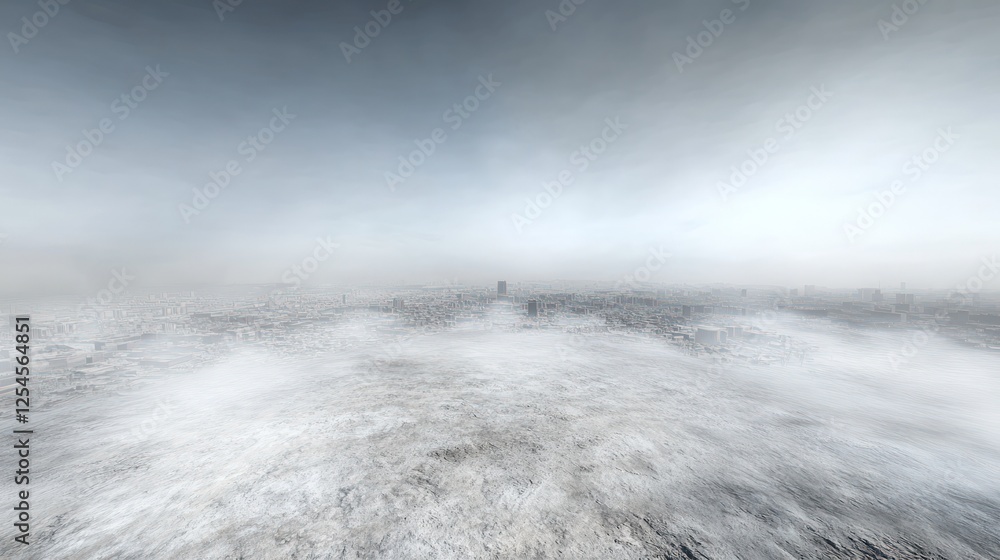 Obraz premium Foggy Cityscape Aerial View. Keywords for image cityscape, aerial view, urban landscape, fog, mist, gray, white, light, dark, horizon, buildings, city, panorama, scene, view, perspective, top view