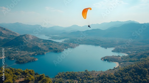 A paraglider soars over a stunning mountain lake. Breathtaking scenery. Paragliding over a Serene Mountain Lake. Paragliding Adventure over Scenic Lake and Mountains