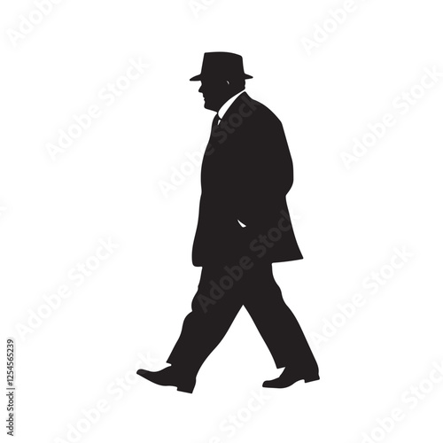 Silhouette of a Man in a Suit and Hat Walking in Side View - Vector Illustration