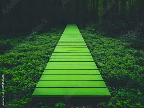 Green Wooden Path Illustration in Lush Forest photo