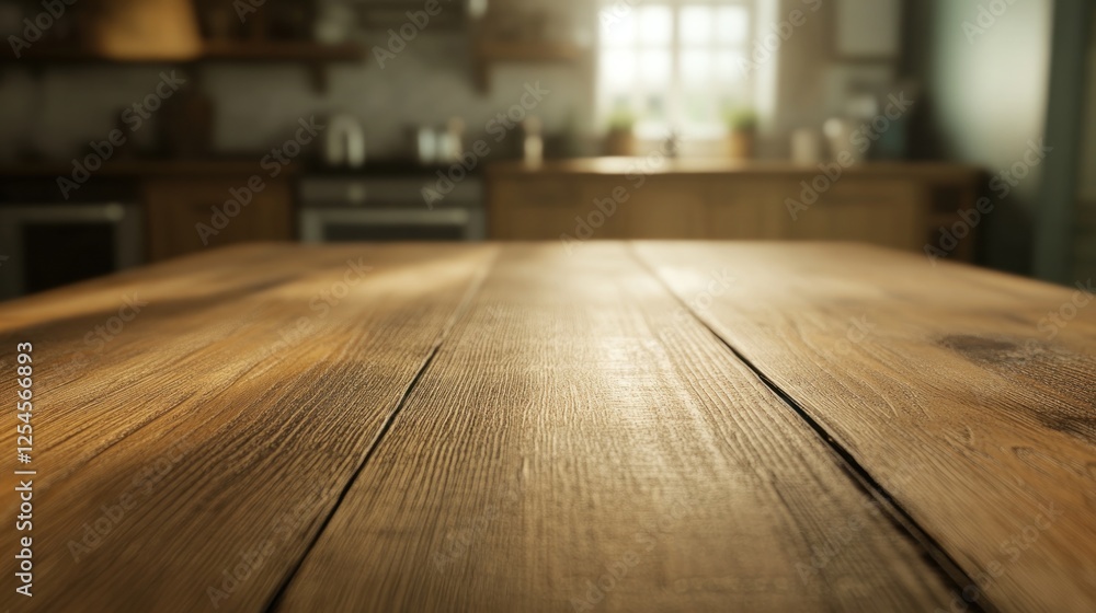 Rustic wooden table in sunny kitchen; background blurred Rustic wooden table in sunny kitchen; background blurred