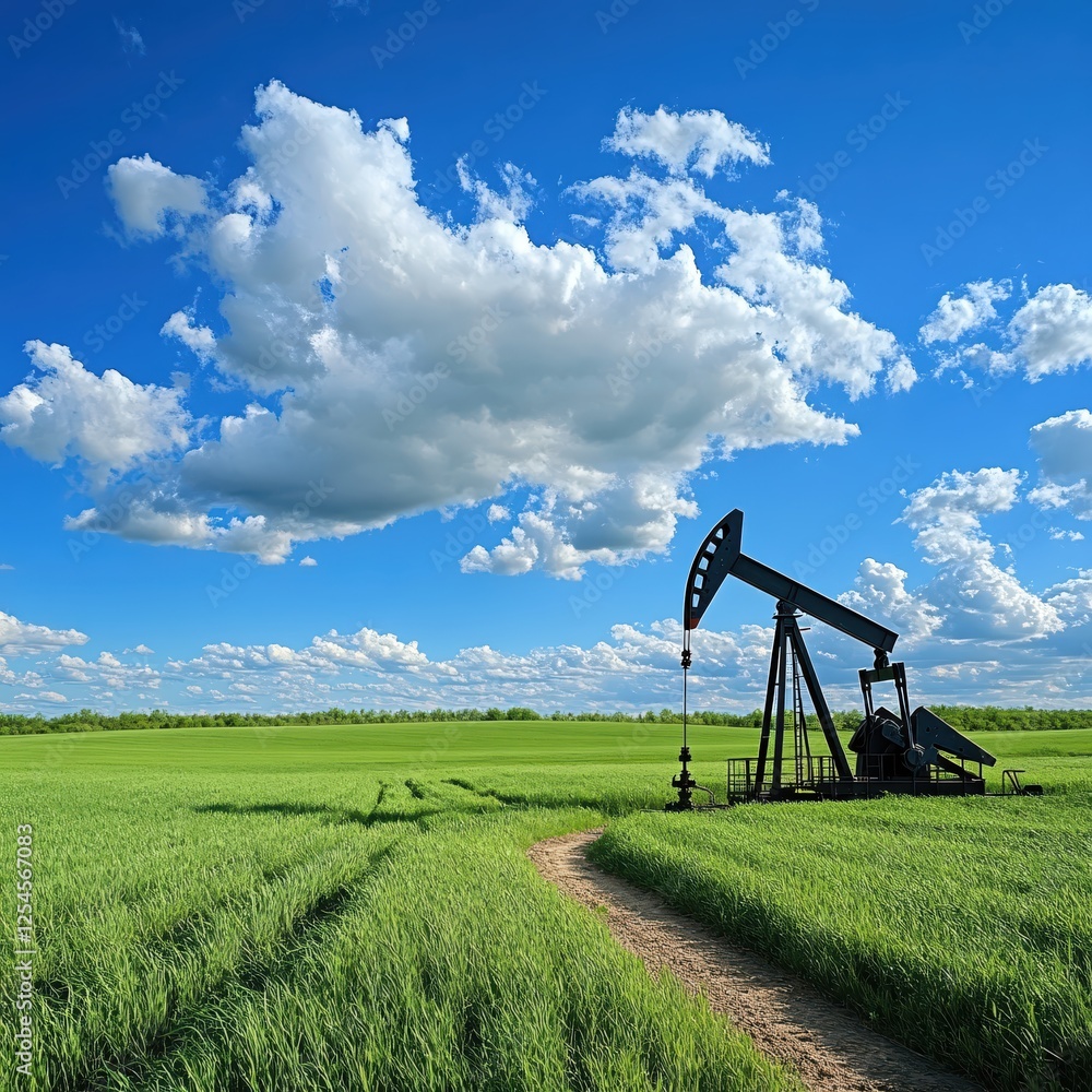 Naklejka premium Oil pump jack stands in a vibrant green field under a bright blue sky with fluffy clouds