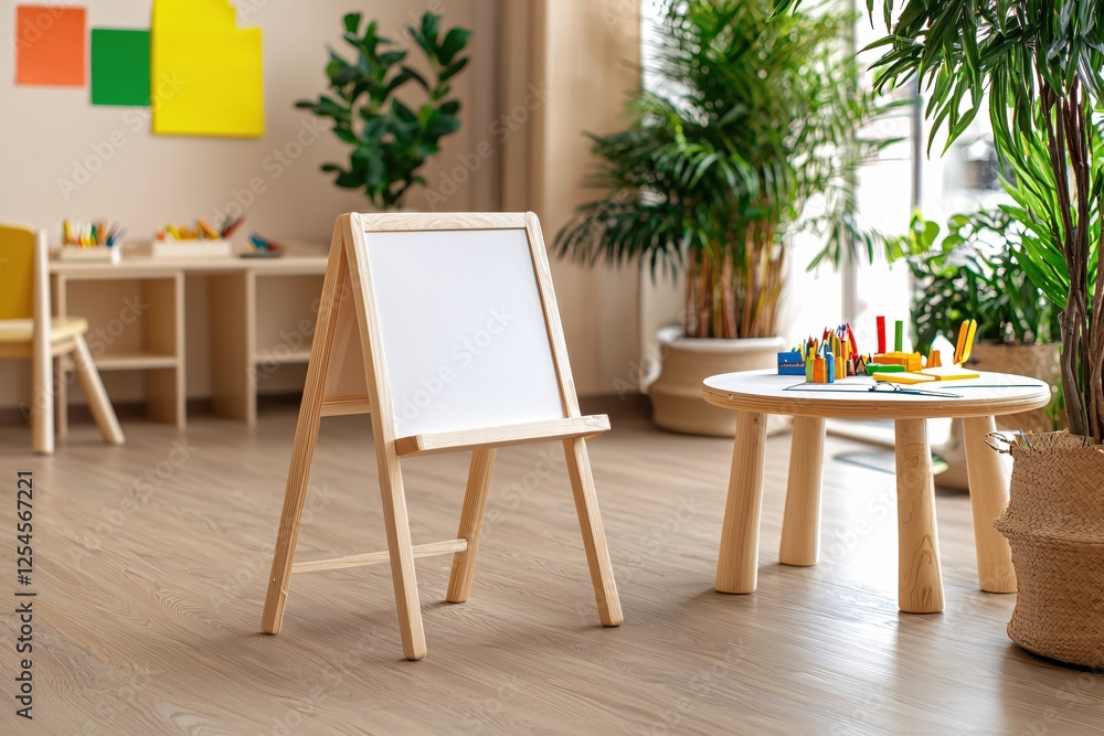 Obraz premium Bright and Cheerful Kids Room with Easel Table and Colorful Art Supplies for Creative Play