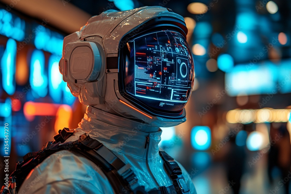 Astronaut Helmet Displays Futuristic Interface In City Astronaut Helmet Displays Futuristic Interface In City