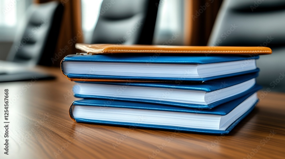 Stack of Notebooks on Wooden Table in Conference Room Stack of Notebooks on Wooden Table in Conference Room