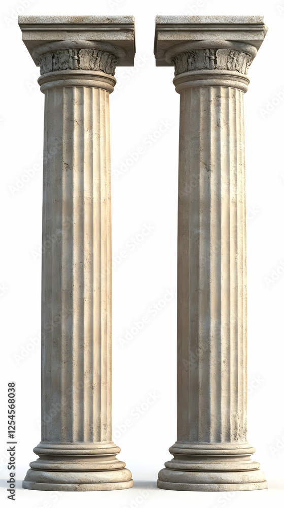 Twin classical columns, isolated, white background, architectural design