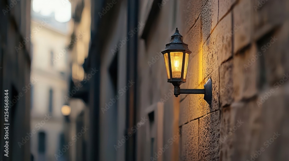 Illuminated Street Lamp In A European City Alley Illuminated Street Lamp In A European City Alley