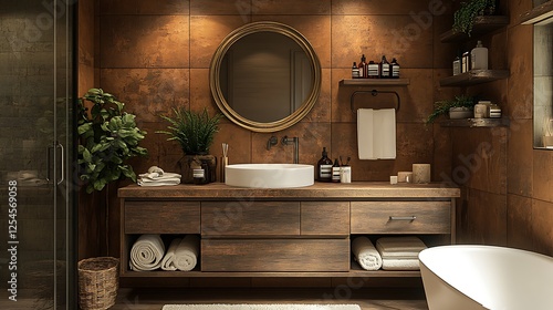 Elegant rustic themed bathroom with a unique brass framed mirror and warm mocha mousse walls photo