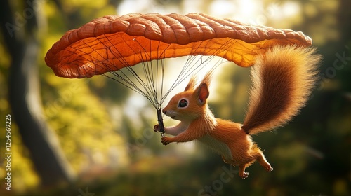 A sprightly squirrel glides through the air on a handmade parachute, fearless and adventurous digital