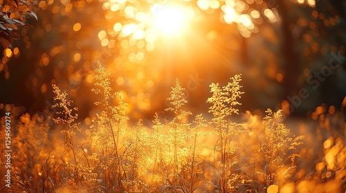 Golden sunlight illuminating tall grass in a serene field during sunset, creating a peaceful atmosphere