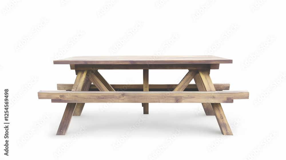 Wooden picnic table isolated on white background. Use for interior design, furniture catalog, or picnic advertisement Wooden picnic table isolated on white background. Use for interior design, furniture catalog, or picnic advertisement