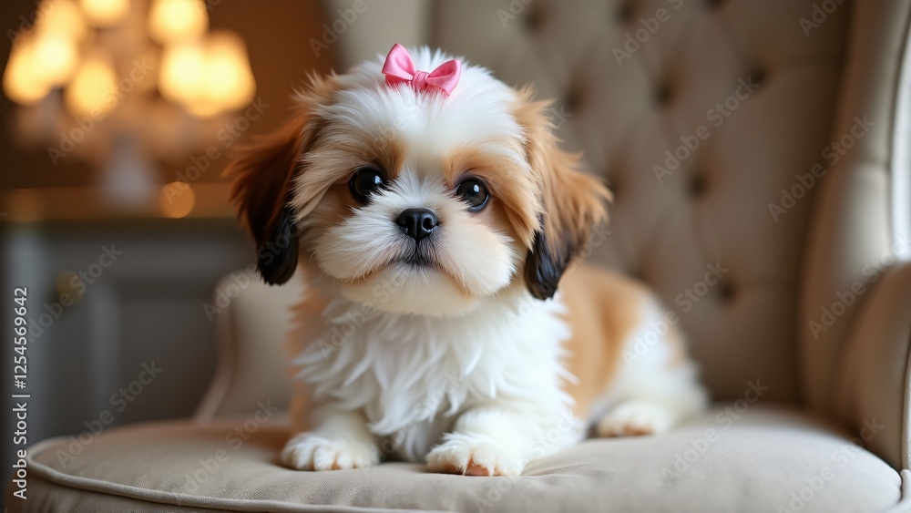 A fluffy Shih Tzu puppy with a silky coat sits gracefully on a cushion, its pink bow neatly tied. Its big, curious eyes shine under the soft glow of a chandelier. A fluffy Shih Tzu puppy with a silky coat sits gracefully on a cushion, its pink bow neatly tied. Its big, curious eyes shine under the soft glow of a chandelier.