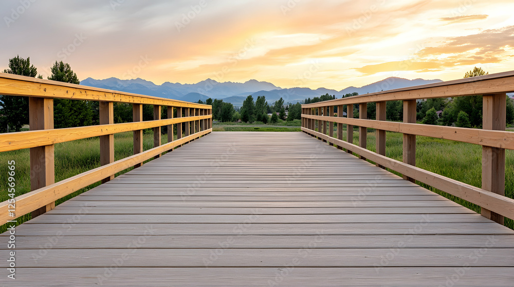 Fototapeta premium Wooden walkway bridge at sunset over meadow leading to mountains. Possible use Stock photo for nature, travel, or inspirational themes