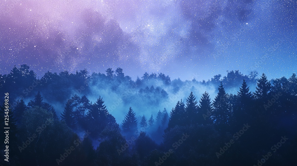 Fototapeta premium Enchanting Night Sky Illuminates Dense Forest with Ethereal Glow