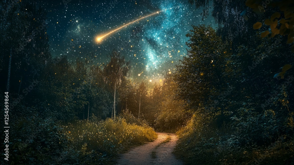 Fototapeta premium Enchanted Forest Path Under Starry Night Sky with Shooting Star