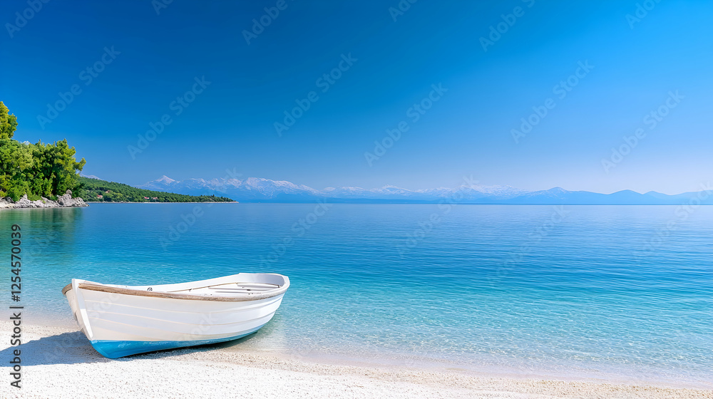 White boat on a pristine beach with a clear blue sky, idyllic summer scene, perfect for vacation brochures White boat on a pristine beach with a clear blue sky, idyllic summer scene, perfect for vacation brochures