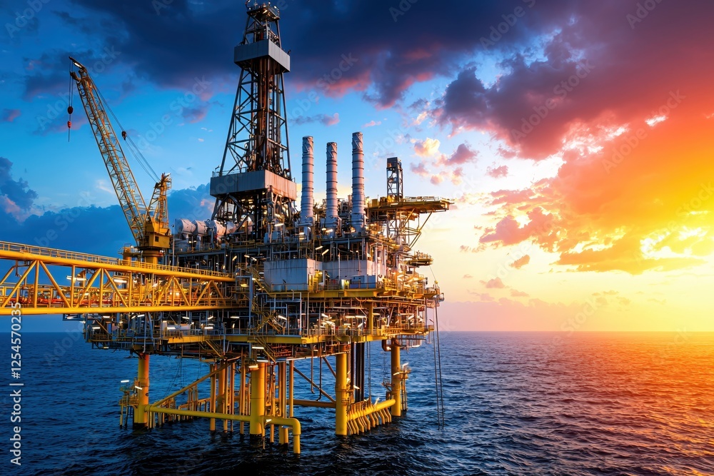 Offshore Oil Rig at Sunset with Dramatic Sky and Ocean Waves Energy Production Platform