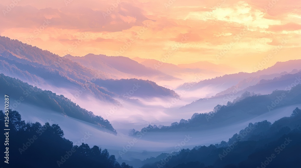 Fototapeta premium Ethereal mountain vista with soft pastel colors and misty valleys at sunrise or sunset