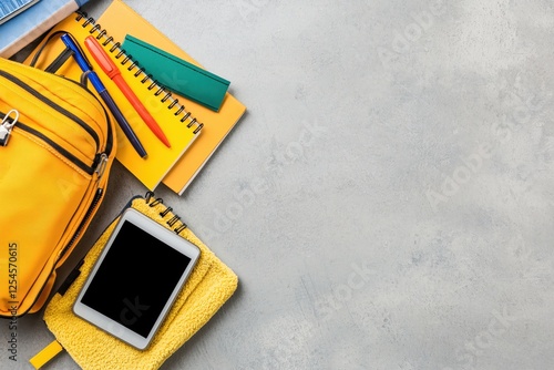 Bright Yellow Backpack with Tablet and Colorful Stationery on Gray Concrete Background