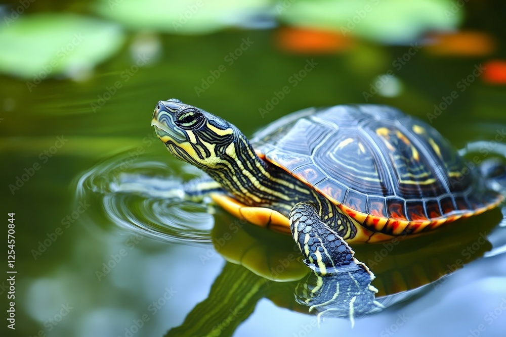 A turtle swimming in a clear blue pond, A turtle swimming in a clear blue pond,