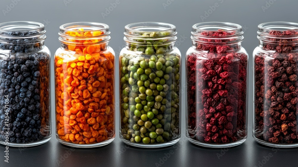 Five Glass Jars Filled with Assorted Dried Foods Five Glass Jars Filled with Assorted Dried Foods