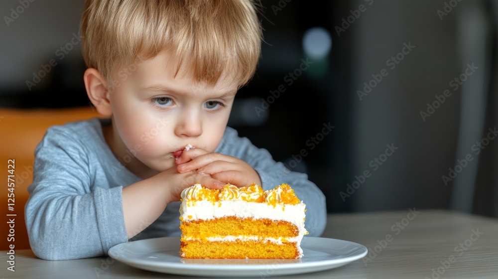Young boy joyfully enjoys a slice of colorful cake at home during afternoon snack time Young boy joyfully enjoys a slice of colorful cake at home during afternoon snack time