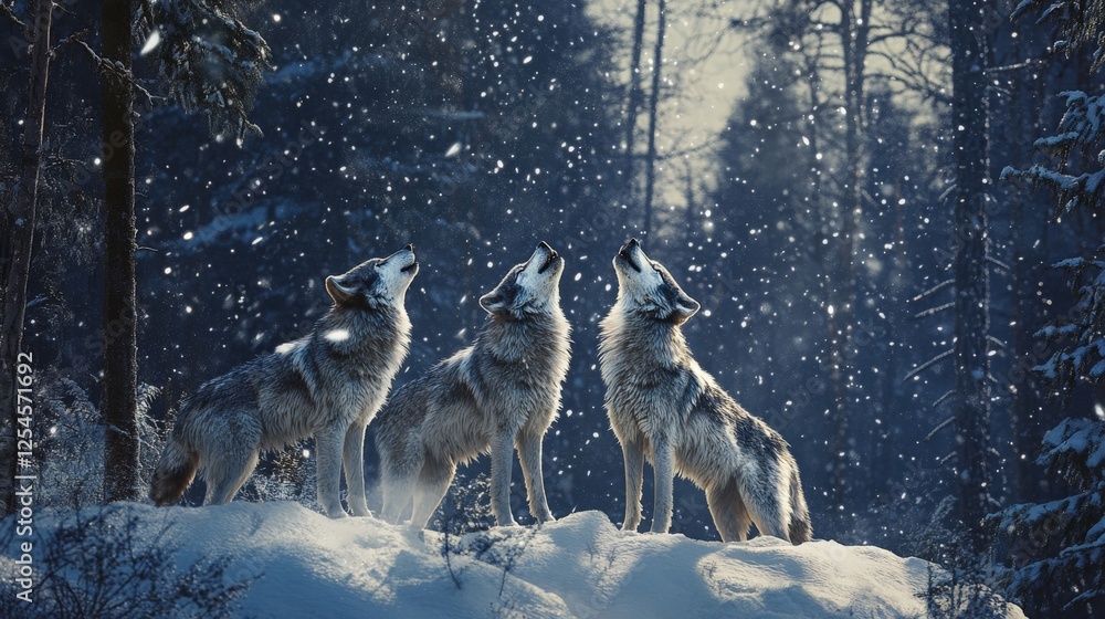 A wolf pack howling in a snowy forest, A wolf pack howling in a snowy forest,