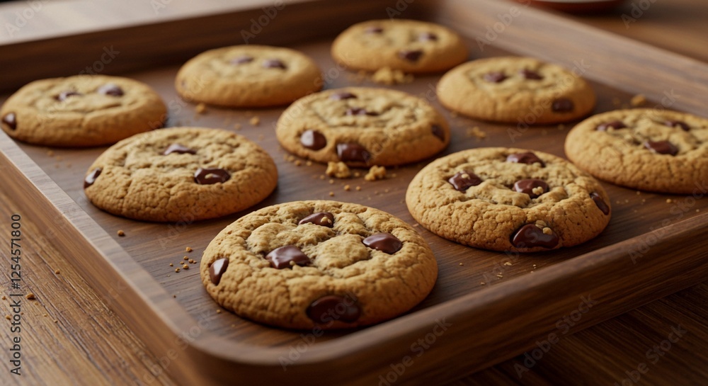 These perfectly baked chocolate chip cookies, with their golden-brown color, visible chocolate chips, and tempting texture, are arranged on a baking sheet, ready to be served These perfectly baked chocolate chip cookies, with their golden-brown color, visible chocolate chips, and tempting texture, are arranged on a baking sheet, ready to be served