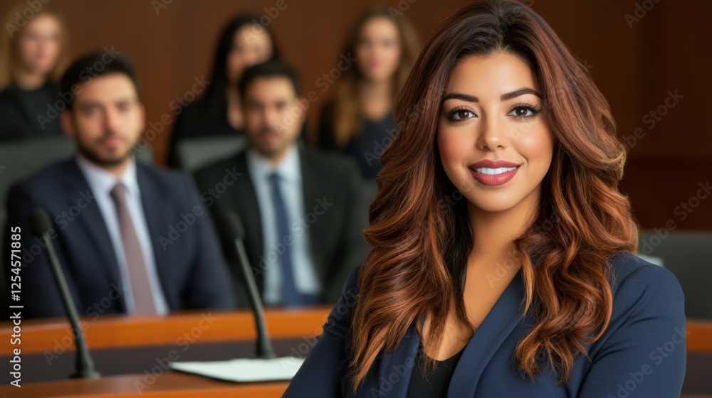 Confident legal professional and team at work in a modern courtroom setting during a serious case Confident legal professional and team at work in a modern courtroom setting during a serious case