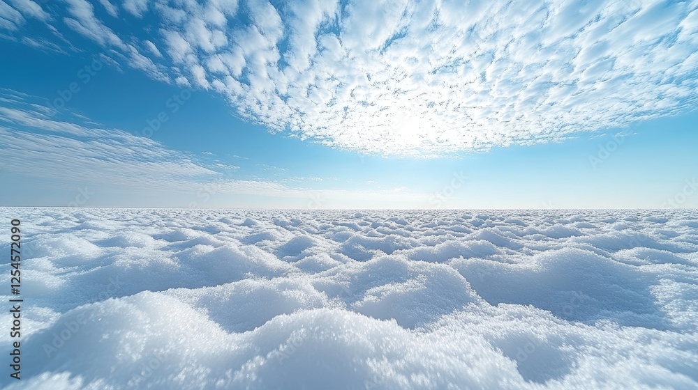 Expansive view of fluffy white clouds against a bright blue sky over a snowy landscape Expansive view of fluffy white clouds against a bright blue sky over a snowy landscape