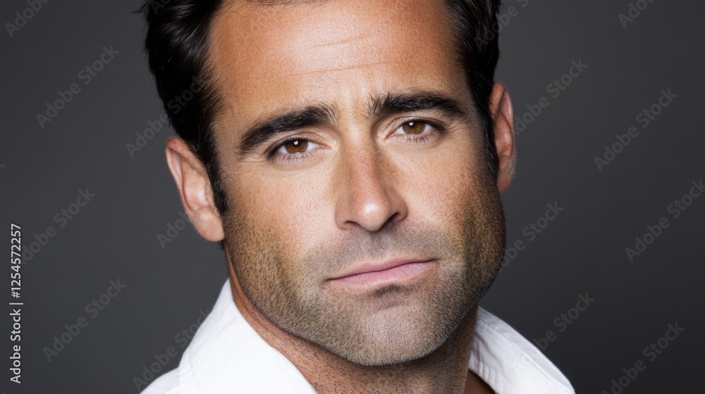 Obraz premium Close-up portrait of a smiling man with a strong jawline and neatly styled hair against a dark background