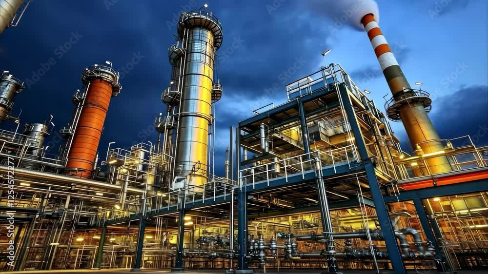Modern engineering structure of an oil refinery with a time-lapse sky background. Industrial technology, energy production, and petrochemical industry concept. Modern engineering structure of an oil refinery with a time-lapse sky background. Industrial technology, energy production, and petrochemical industry concept.