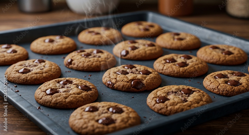 These freshly baked chocolate chip cookies, with their perfect golden-brown color and generous sprinkling of chocolate chips, look absolutely irresistible These freshly baked chocolate chip cookies, with their perfect golden-brown color and generous sprinkling of chocolate chips, look absolutely irresistible