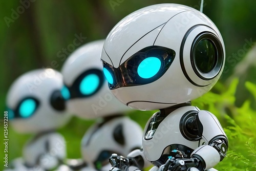 Futuristic Robot Trio in Lush Greenery A Glimpse into Tomorrow with Advanced Technology