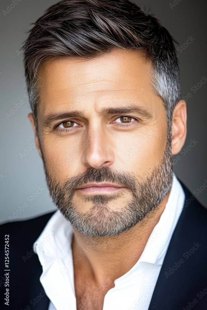 Fototapeta premium Professional man with a well-groomed appearance and confident expression poses for a headshot in a neutral background