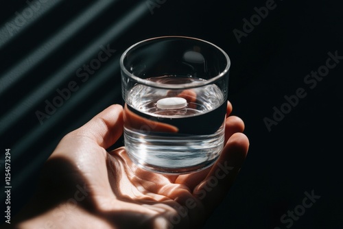 Hand holding glass of water with medicine tablet. Healthcare concept